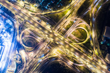 Night traffic aerial view vehicle light movement junction