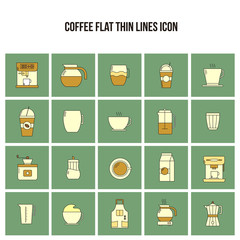 Coffee Flat Thin Lines Icon Set