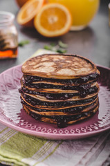 Pancakes strawberry, sugar and jam