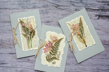 Composition from a card with a herbarium,and dry flowers. Vintage photo in delicate pastel silver pink tones.