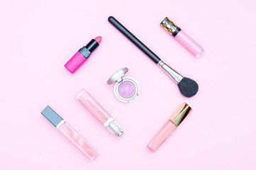 Beauty makeup on pink background. Minimalist design