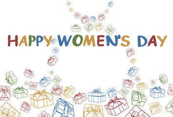 Happy Womens Day 8 March Holiday Greeting Banner Doodle Colorful Gift Boxes Vector Illustration