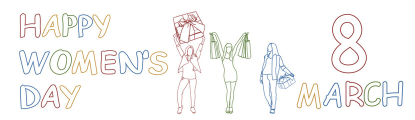Happy Women Day Horizontal Banner 8 March Doodle Girls Holding Present Boxes And Shopping Bags Vector Illustration