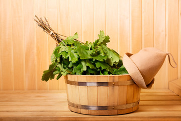 sauna accessories in a wooden sauna