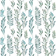 Naklejka na ściany i meble 2d hand drawn watercolor seamless background. Colorful olives and lauris branches, leaves. Botanical elements. Pattern for textile, wrapping, branding, invitations isolated on white.