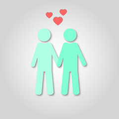 Concept of gay love. Vector illustration of homosexuality or same-sex sexual orientation. 3d vector icon.  Paper art style.  Male gay couple.