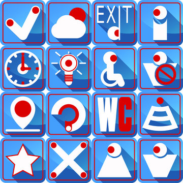 A set of information signs on a blue background.