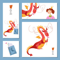 Set of universal cards with princess and dragon. Diada de Sant Jordi (the Saint George’s Day). Congratulations. Template.