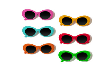 Collection of fashionable multi-colored sunglasses - a trend of summer on an isolated background.