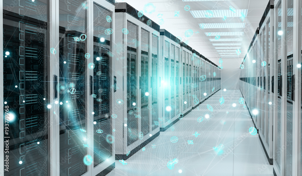 Wall mural earth network flying over server room data center 3d rendering