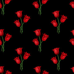 Illustrated seamless black background with bouquets of red tulips