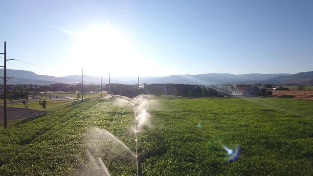 Aerial Sprinklers watering a small grass or alfalfa field.