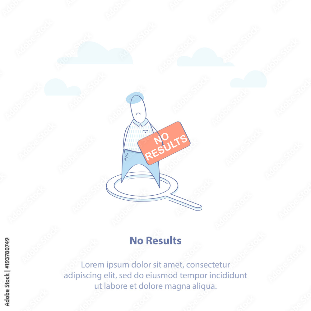 Fototapete flat line icon concept of no result, not found or 404 web page error. cute man with a sign 