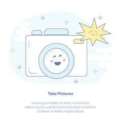 Flat line icon concept of Take a Photo, Photo Gallery. Cute vector illustration of Photo Camera with emoji. 