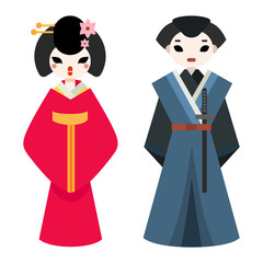 Japanese man and woman folk art maiden character vector.