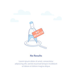Flat line icon concept of No Result, Not Found or 404 web page Error. Cute man with a sign "No Results". Isolated vector illustration in trendy design style.