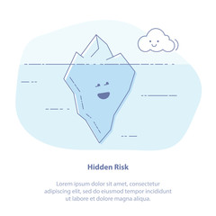 Flat line icon concept of Hidden Problems or Results, Climate changes. Iceberg in ocean water vector illustration, big iceberg floating in sea waves with huge underwater part.
