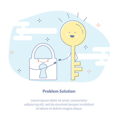 Problem Solution. The lock found the key. Fun vector isolated illustration