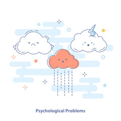 Psychology problem, mental operations. Cute Clouds with different emotions. Stress psychology problem illustration in flat thin line design, isolated vector illustration on white.