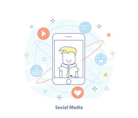 Social media networking, media or mobile marketing. Mobile phone with social signs. light modern vector illustration 