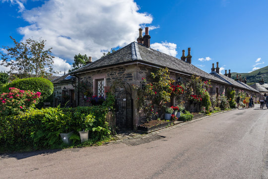 A row of stone cottages in the village of Luss on the banks of Loch Lomond, Scotland, Britain