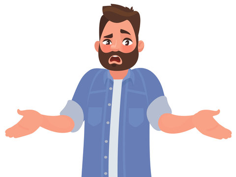 Bearded Man Emotionally Spreads His Hands. Question What's Going On Or Why? Vector Illustration