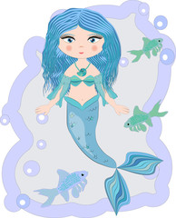 Cartoon beautiful little mermaid in a wreath. Siren. Sea theme. vector illustration on a white background.