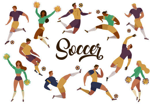 Football soccer players cheerleaders fans set of isolated human figures with merch marks of favourite team vector illustration