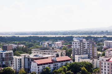 Background of top view city with sky line and runway of the plane