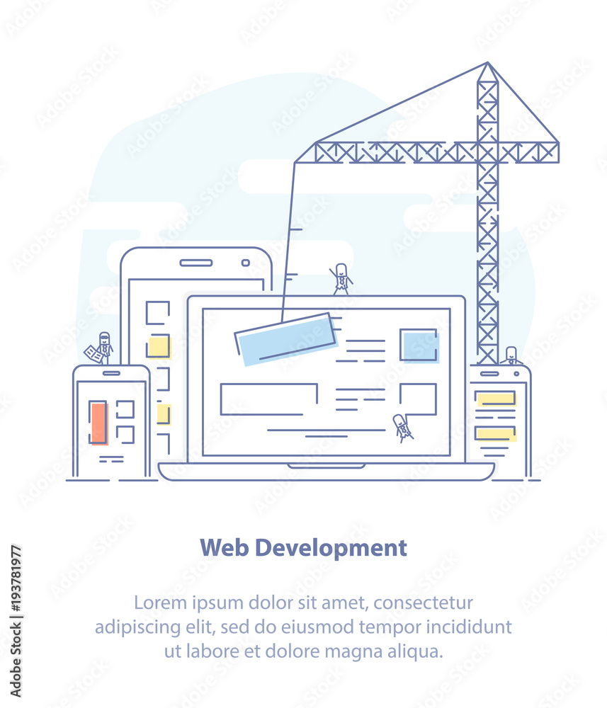 Poster web design development technology or website prototyping infographic vector composition concept. lap