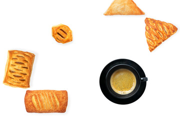 Cup of coffee and baked cake on white background