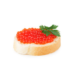 Sandwich with red caviar isolated on white background.