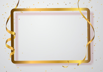 Celebration background frame template with confetti and gold ribbons. Vector illustration