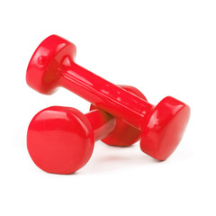 Two red dumbbells isolated on white background.