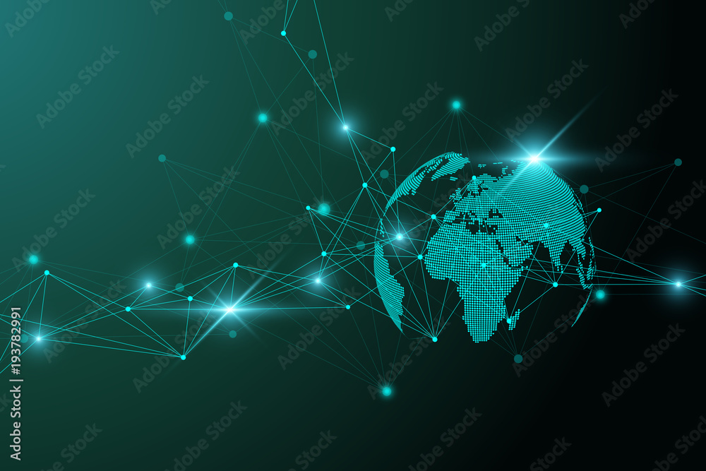 Poster Virtual Graphic Background Communication with World Globe. A sense of science and technology. Digital data visualization. Vector illustration