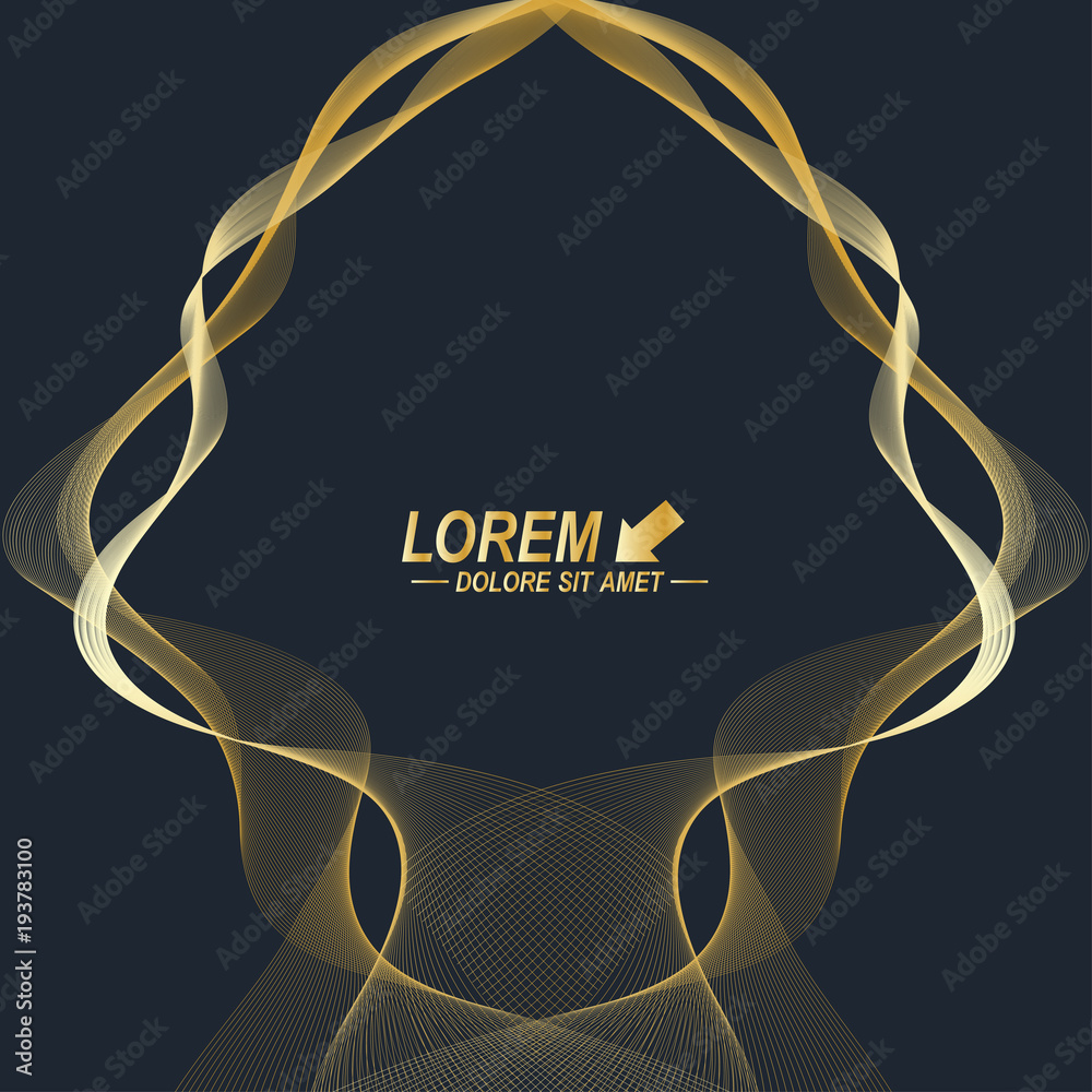 Poster Modern set of vector flyers. Molecule and communication background. Geometric abstract golden package. Connected line with dots. Golden design in trendy linear style.
