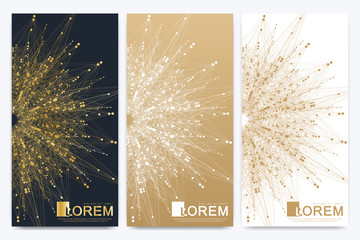 Modern set of vector flyer, web, banner, card, vip, certificate, gift, voucher. Molecule and communication background. Connected line with dots. Golden design in trendy linear style.