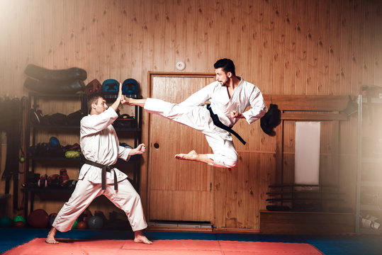 Martial arts masters, karate practice in gym