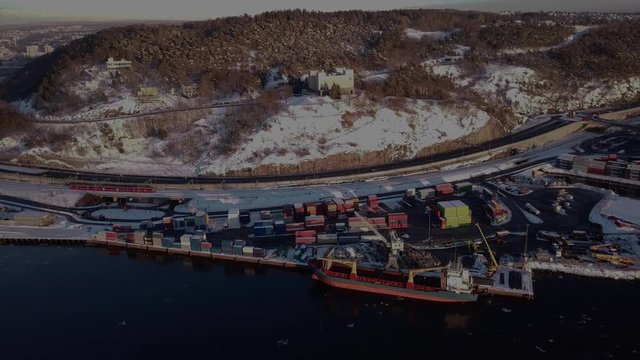 Aerial shot of a ship in a port in Oslo, Norway in winter