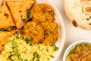 Onion Bhaji And Samosas With Pilau Rice