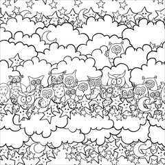 Funny seamless pattern with cartoon owls sitting on the clouds with little demilunes and smiling or sleeping stars. Vector contour illustration.
