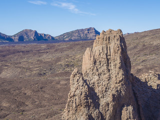 view on famous rock formation cathedral in Roques de Garcia and colorful volcanic mountain and lava desert on tenerife canary island unesco protected landscape