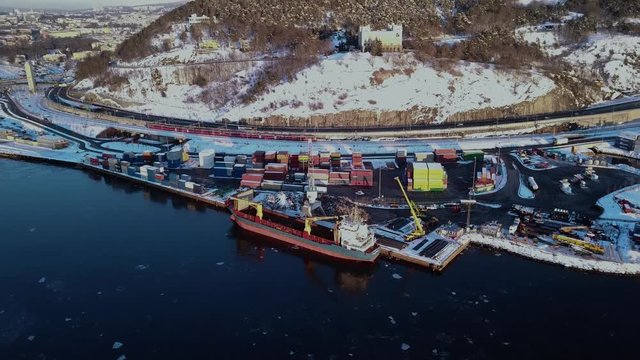 Aerial shot of a ship in a port in Oslo, Norway in winter