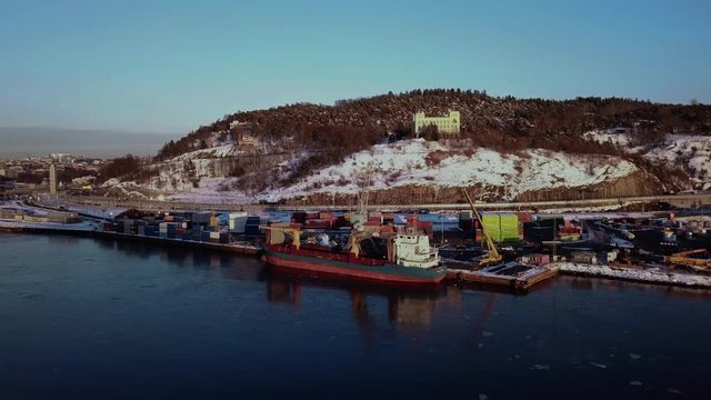 Aerial shot of a ship in a port in Oslo, Norway in winter