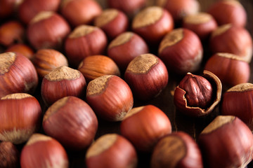 Top view of hazelnuts. Close up