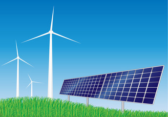 Wind turbines and solar panels- Solar energy and Wind power farm