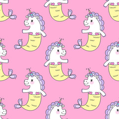 Seamless pattern with magic cute mermaids. Funny little unicorns with mermaid tail and a rainbow mane. Sea theme. Vector illustration.