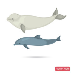 Dolphin and white whale color flat icons set