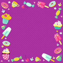 a bright frame of sweets for children's parties.The frame of cakes, sweets, elements and ice cream