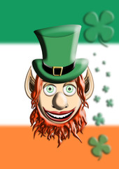 St Patrick's Day. Leprechaun With Green Hat Against Irish Flag and Four Leaf Clover Background 3D illustration